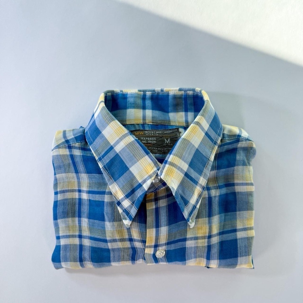 Vintage 1970s JcPenney blue and yellow short sleeve button up shirt‎